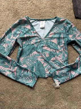 art class Pink & Teal Palm-Print Wrap Long Sleeve Top